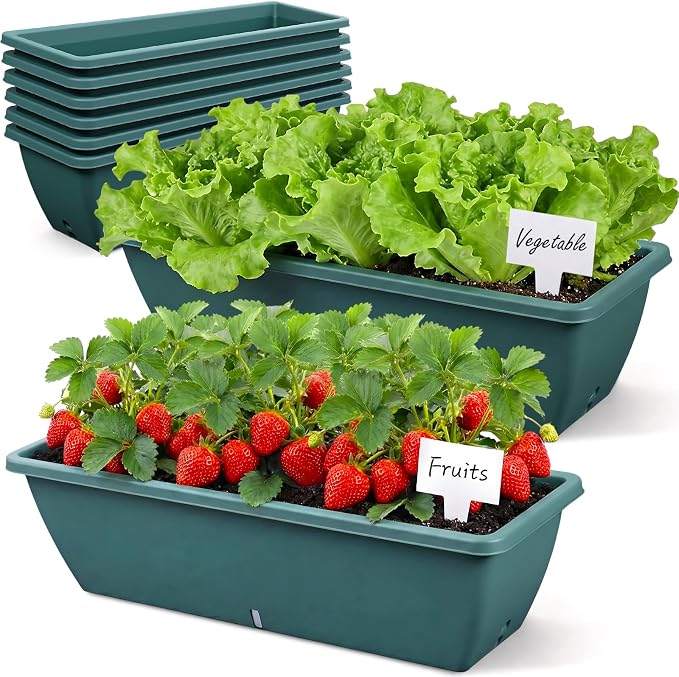 8 Pcs 24 Inch Plastic Flower Window Box Planter with Water Absorbing Net Drainage Holes & Visible Water Level Window, Rectangular Vegetable Flower Pots for Indoor Outdoor (Green)