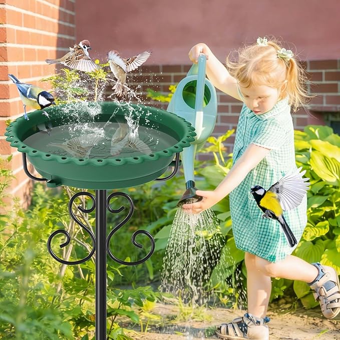Bird Bath for Outside,40In Vintage Freestanding Bird Feeder Birdbaths for Outdoors, Bird Bath Detachable Plastic Bowl for Garden Patio Yard Lawn Decor, 5-Pronged Base & Easy to Clean (Green)