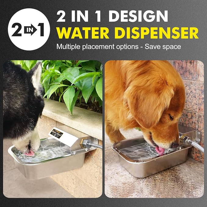 Automatic Water Dispenser for Dogs, Patented 3L Outdoor Dog Drinking Water Bowl, Stainless Steel Waterer Feeder Suitable for Chicken Livestock Animal,Fit 3/4'' GHT Faucet, Wall-Mounted, Easy to Clean