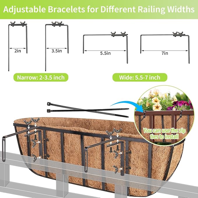 Legigo 4 Pack 16 Inch Window Boxes Railing Planter Box with Coconut Liner, Balcony Railing Planter Horse Trough Deck Window Planters, Metal Railing Hanging Flower Baskets for Outdoor Porch Fence Patio
