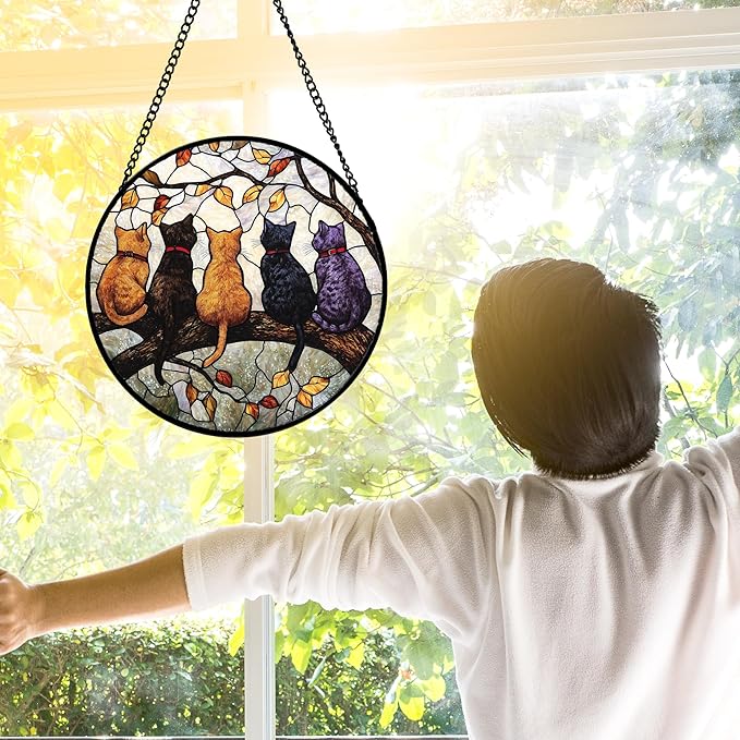 DASTOLL Stained Glass Window Hanging - 5 Cats on a Branch Suncatcher for Window Doors Home Decoration and Christmas, Mother's Day Father's Day Birthday Gifts for Women, Men, and Mom 9.8x9.8 in