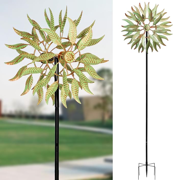 Large Wind Spinners Outdoor Metal, 360° Double-Layer Garden Wind Spinners Sculptures, 63" ×13.4", Kinetic Pinwheels for Yard and Garden Patio & Lawn (Green Copper)