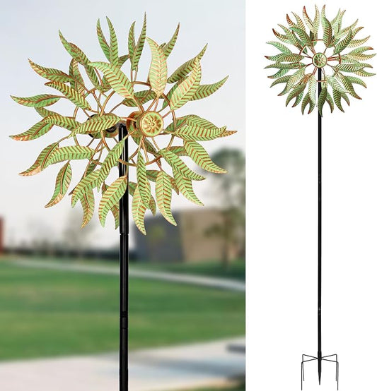 Large Wind Spinners Outdoor Metal, 360° Double-Layer Garden Wind Spinners Sculptures, 63" ×13.4", Kinetic Pinwheels for Yard and Garden Patio & Lawn (Green Copper)