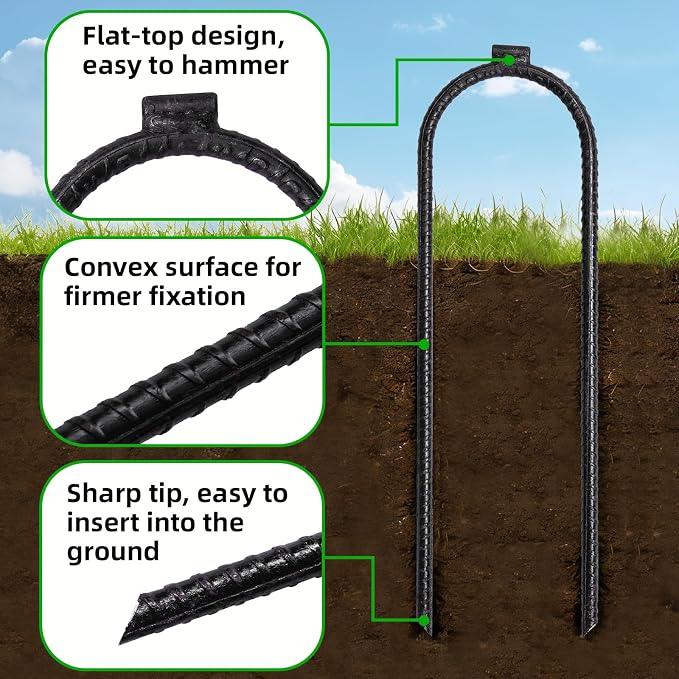 12 Inch U Shaped Heavy Duty Trampoline Stakes 16 Pack, Black Anti Rust Coated Rebar Flat Welded Head, High Wind Securing for Trampolines, Tents, Fences, Garden