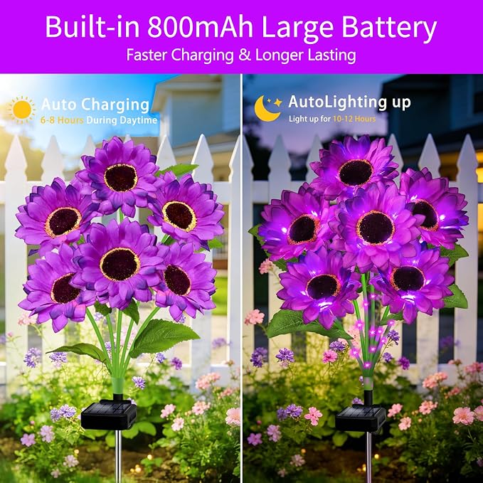 Solar Garden Lights Outdoor, 6 Pack Purple Sunflower Lights with 36 Real Looking Flowers, Waterproof Summer Garden Decor Solar Flowers for Yard Backyard Patio Flowerbed Yard, Gift for Mom Women