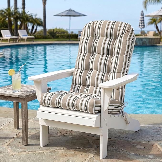 COOS BAY High Back Adirondack Chair Cushions for Outdoor Furniture, 49x20x5 in Water-Resistant Thick Tufted Patio Chair Cushions with Secure Straps, Set of 1, Beige Stripes