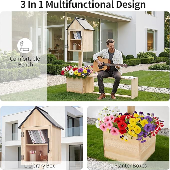 Wooden Little Library Box Outdoor with Bench & Planter Community Book Exchange Box Solid Pine Wood DIY Neighborhood Share Box Ground Mount Kit for Garden Decor, School