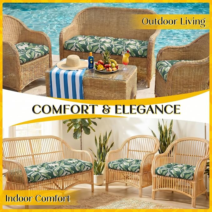 1 MIDDLE ONE Wicker Chair Cushions 3 Pieces Set for Outdoor Furniture, Replacement Patio Wicker Furniture Cushions, 1Pc Loveseat Cushion & 2Pcs Chair Cushions (Green Tulip)