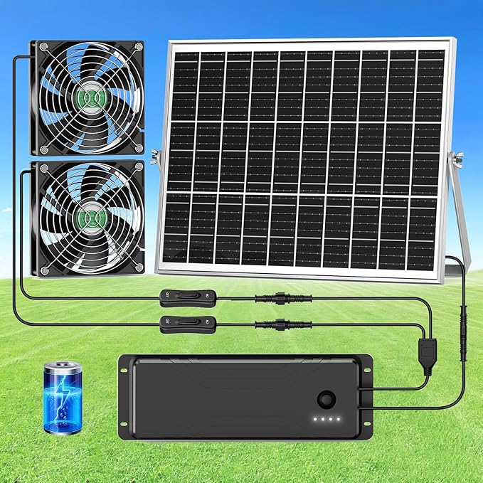 Solar Fan with Battery, Solar Fan for Greenhouse & Chicken Coop, Rechargeable Solar Fans for Outside, Solar Powered Exhuast Fans for Outdoor Doghouse Shed Circulation Vent Ventilation Cooling