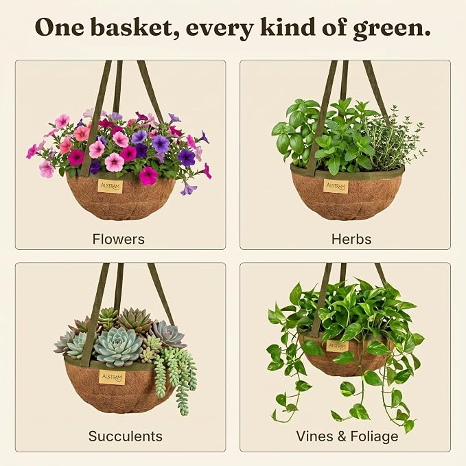 15 Inch Handmade Coco Fiber Hanging Basket 2 Pack - Hanging Planter for Outdoor Plants - Natural Boho Rustic Coconut Coir Oversize Decorative Flower Pot Holder for Porch Patio Balcony Garden