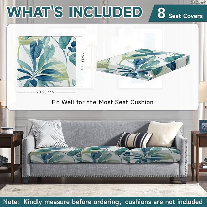 CALBODE 8 Pcs Stretch Outdoor Seat Cushion Covers, Botanical Chair Seat Cover for Patio Furniture Cushions Washable Reusable Indoor and Outdoor Couch Cover Replacement (Blue Leaves, Cover Only)