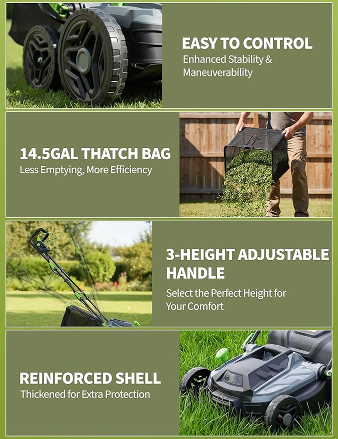 Electric Lawn Dethatcher Scarifier 15.5 Amp, 14-Inch Corded Dethatcher with 14.5 gal Collection Bag, 5-Position Depth Adjustment, 2-in-1 Aerator with Carbon Steel Blades for Spring Fall Lawn Care