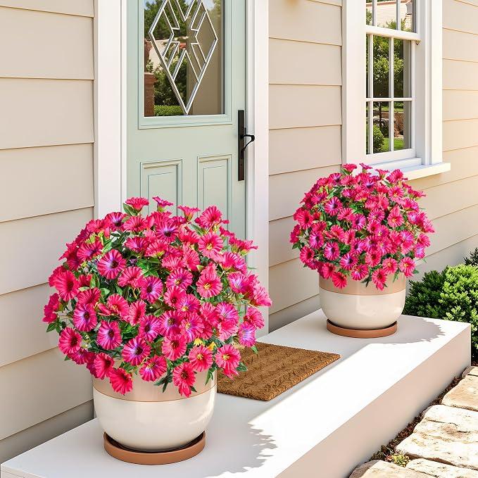 Rose Red Artificial Morning Glory Flowers for Outdoor Planters, Premium UV Resistant Silk Faux Flowers for Porch, Hanging Basket & Window Box, Summer Garden Decor, No Pot, 13.3 Inch, 8 Bundles
