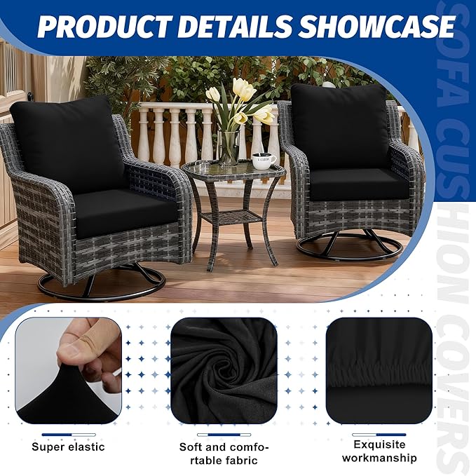 Patio Stretch Cushion Covers, Outdoor Sofa slipcovers for Patio Furniture Cushion Covers, Washable Reusable Furniture Protector (4, Black)