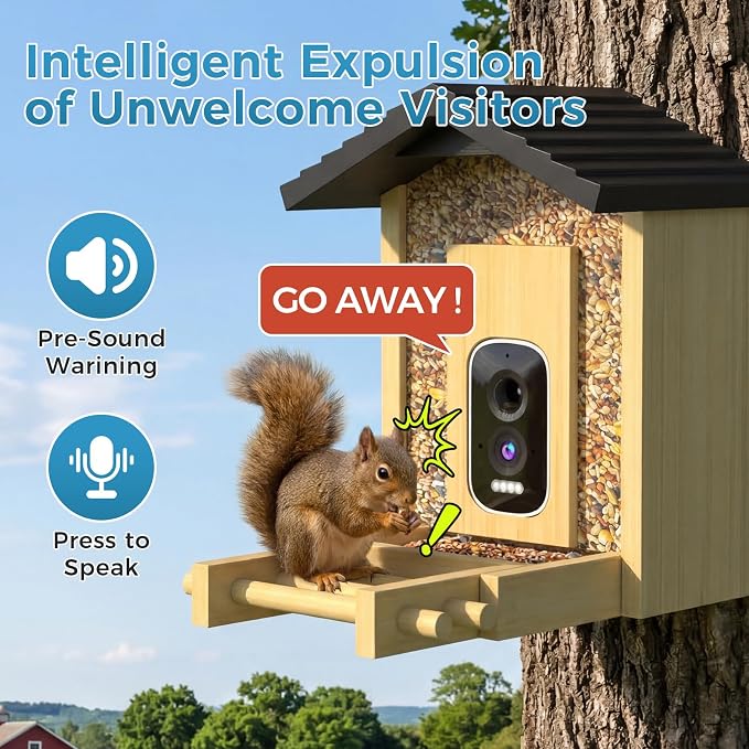 Bamboo Bird Feeder with Camera, 2.5K HD Smart Bird Feeder with Camera, Solar Bird Feeder with AI Recognition, Wooden Bird House with Camera, Squirrel Proof, Dual Seed Bird Feeders for Outdoors