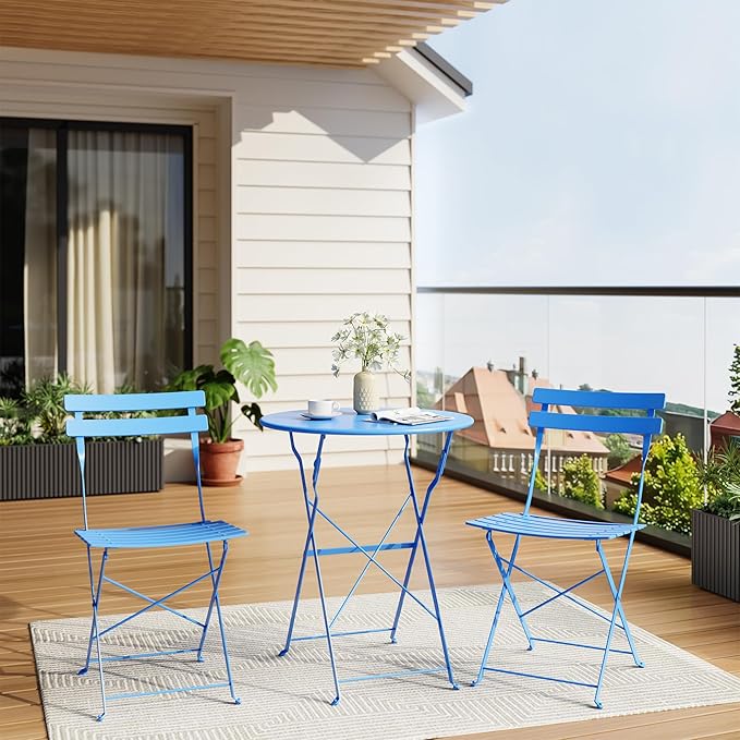 Bistro Table and Chairs Set of 2, 3 Piece Outdoor/Indoor Folding Patio Bistro Sets, 2 Chair Patio Furniture Set with Table, Premium Frame Foldable Coffee Tables for Balcony, Yard, Garden, Blue