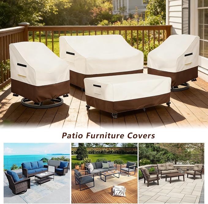 Patio Furniture Covers 4 Piece Set, 600D Heavy Duty Outdoor Furniture Covers Waterproof for Patio 3-Seater Sofa,Swivel Rocker Chair and Coffee Table Furniture Set,Beige & Brown