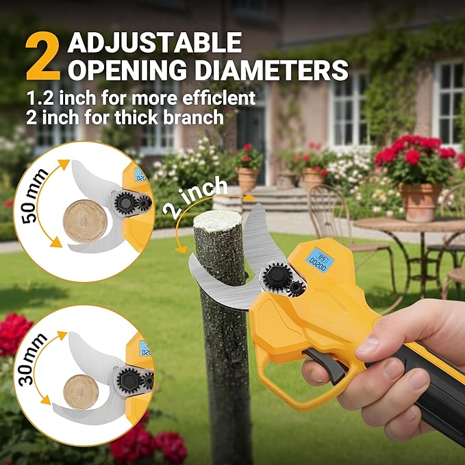 2-in-1 Electric Pruning Shears with Extension Pole, Cordless Power Pruner with 2 Inch Cutting Diameter, Brushless Motor, LCD Display & 2×2.0Ah Batteries for High Branch & Tree Trimming