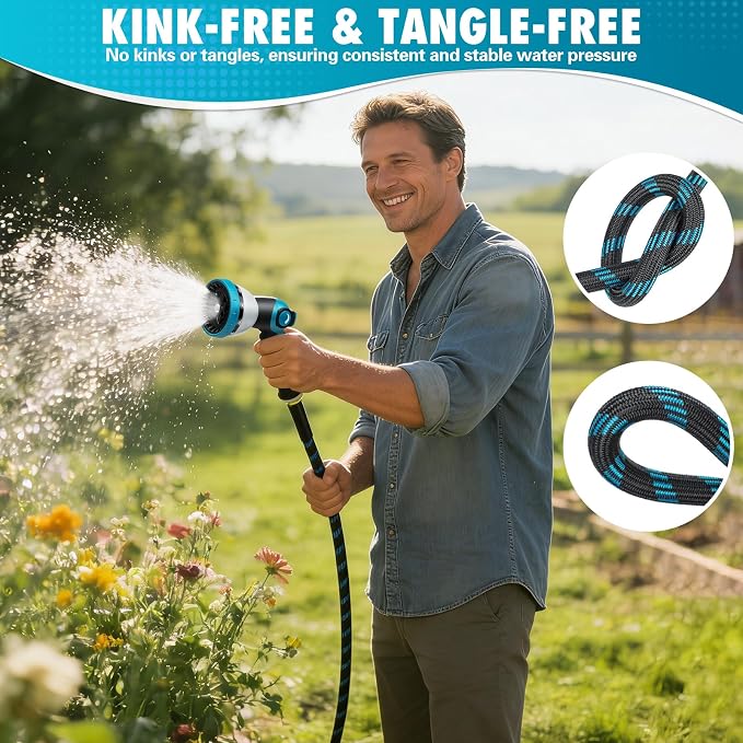 100FT Garden Hose, Non-Expandable Flexible Fabric Water Hose with 10-Function Spray Nozzle, Kink-Free Lightweight Yard Hose with 3/4" Solid Brass Connectors for Lawn, Outdoor, RV & Marine Use