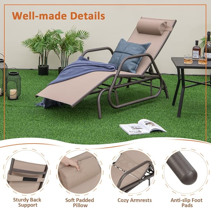 Tangkula Outdoor Glider Recliner Chair, Adjustable Backrest Patio Gliding Lounger Chair with Armrests and Pillow, Outdoor Swinging Rocking Chair w/Breathable Fabric for Poolside, Backyard (2, Brown)