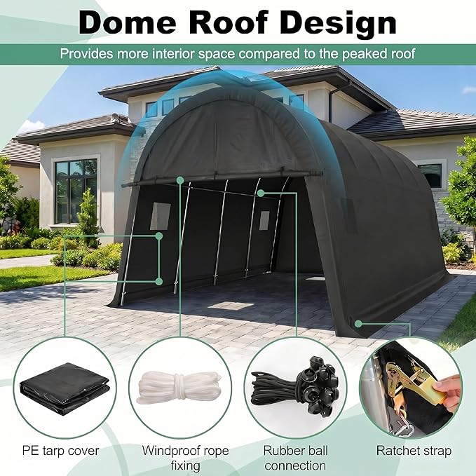 COBIZI Carport 12x20 Heavy Duty Storage Shelter Shed Portable Garage with All-Steel Metal Frame & Vents, Round Style Outdoor Storage Shed for Car, Truck, Boat, Waterproof Carport Canopy Anti-Snow
