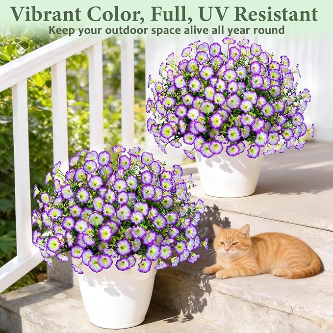 Yastouay Artificial Flowers for Outdoors, 14 Bundles Fake Outdoor Flowers, UV Resistant Artificial Plants & Flowers for Decoration, Purple/White Realistic Morning Glory for Outdoor Porch Garden