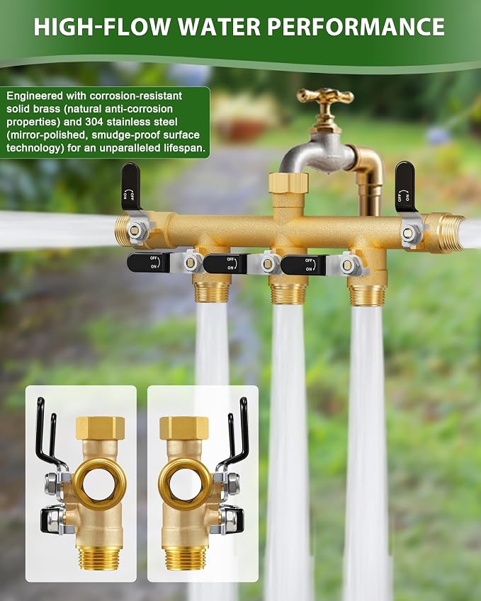 Garden Hose Splitter, 5 Way Heavy Duty Brass Hose Splitter, Water Hose Bib Spigot Splitter with 0.59" Full Flow Ball Valve Outlet & Shut-Off Valve 3/4'' Connector Outdoor Water Faucet Adapter