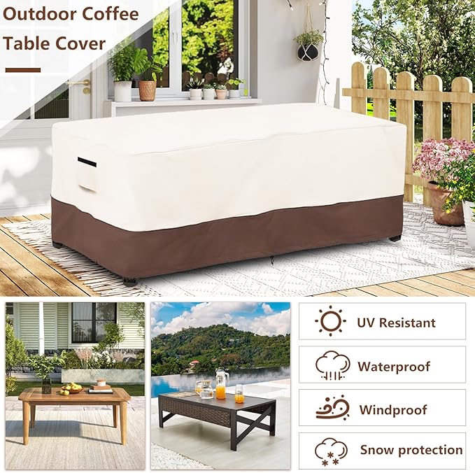 Outdoor Coffee Table Cover Waterproof - 600D Heavy Duty Outdoor Tables Cover,Patio Rectangular Side Table Covers,UV & Weather Resistant(28" Dx48 Lx16 H,Beige&Brown)