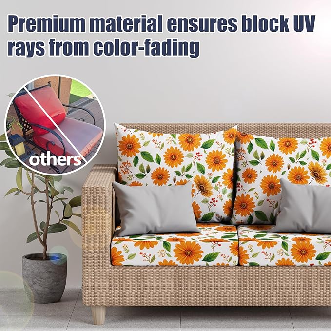 14Pcs Patio Stretch Cushion Covers, Outdoor Couch & Sofa Replacement Slipcovers for Patio Furniture Cushion Covers, Washable Reusable Furniture Protector, Square Large, Sunflower