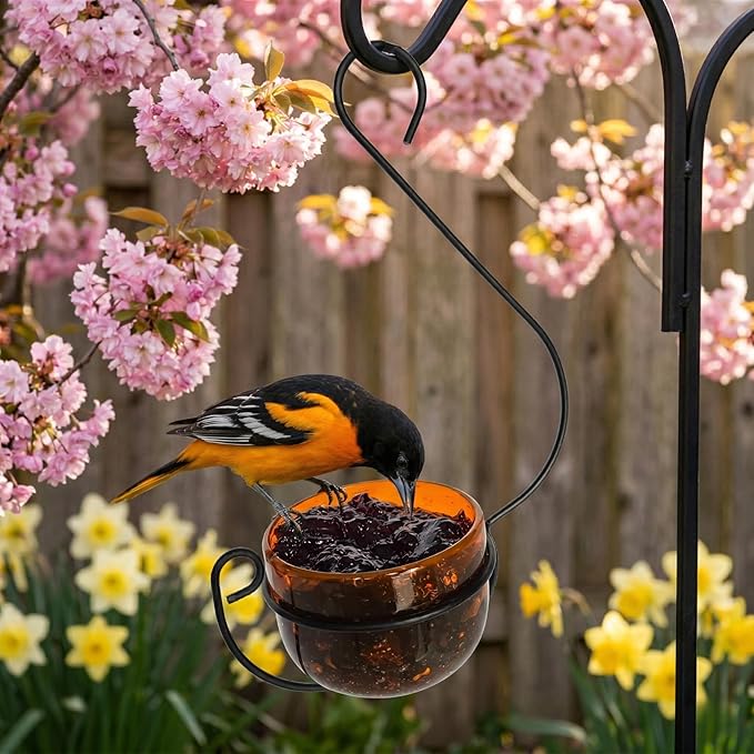 Oriole Jelly Feeder - Sparkling Orange Glass Bowl with Decorative Hanging Hook - Removable Cup for Easy Cleaning - Outdoor Baltimore Oriole Feeder for Grape Jelly, Fruit & Nectar