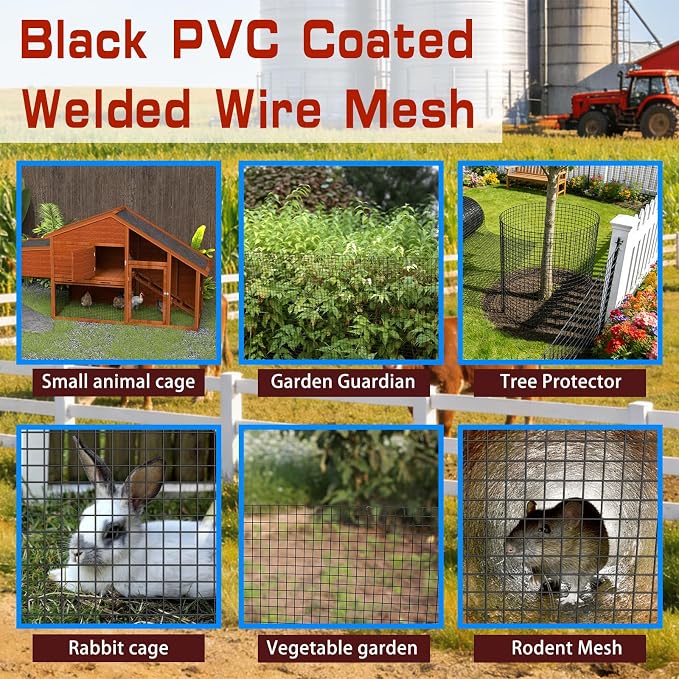 Black Hardware Cloth 1/2inch 24inx100ft, Chicken Wire Fencing, PVC Coated Metal Welded Wire Mesh Roll, for Rabbit Snake Groundhog Gopher Netting Cage Vegetable Garden Fence Animal Barrier