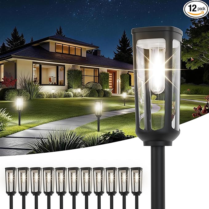 JEJOT Solar Pathway Lights Outdoor Waterproof IP65, 12 Pack Cool White Solar Walkway Lights, Auto On/Off Outdoor Light for Lawn Garden Patio Driveway Decor Landscape Lighting