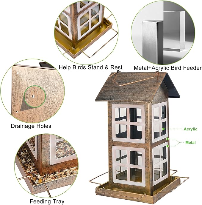 Bird Feeders, Heavy Duty Metal Bird Feeder for Outdoors Hanging, Weatherproof Large Capacity Wild Birdfeeder for Outside Garden Yard, Country House Shape (Vertical)
