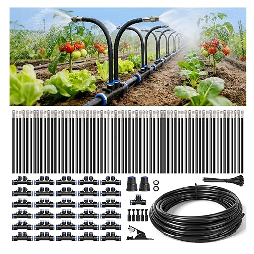 100Ft 1/2" Tubing High-Flow Drip Irrigation System, 360° Adjustable Garden Watering System with 30 Nozzles, Dual-Side Watering Kit for Raised Beds, Greenhouses & Efficient Plant Irrigation