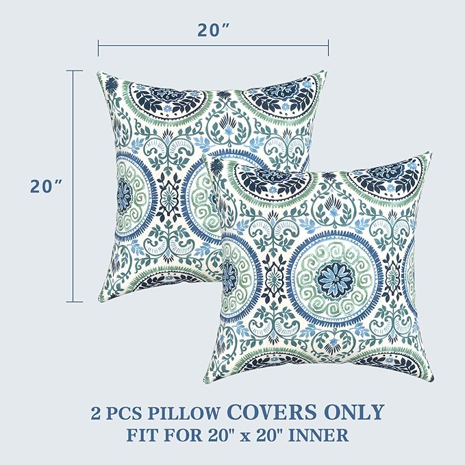 LVTXIII Outdoor Pillow Covers 20x20 Inch, 2 Pack Large Square Throw Pillow Cases, Fade-Resistant Cushion Covers for Patio Furniture Sofa, Garden Porch, Coastal Medallion