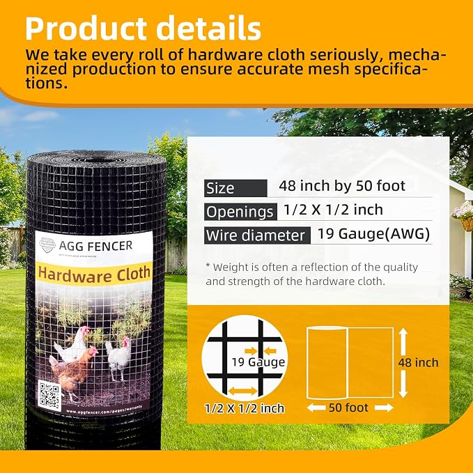 48in x 50ft Black Hardware Cloth 1/2 inch 19Ga PVC Coated Wire Mesh Vinyl Coated Fence, Welded Metal Chicken Wire Fencing Roll, Garden Plant Fencing, for Chicken Coop and Home Improvement