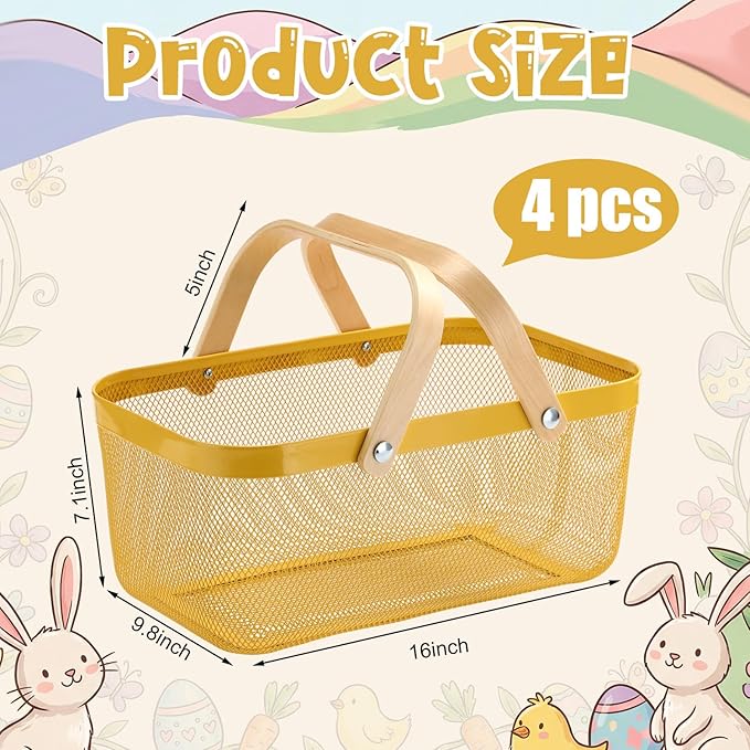 Sadnyy 4 Pcs Macaron Easter Metal Wire Storage Basket with Handle Mesh Harvest Durable Vegetables Fruit Toy Basket for Garden Organizing, Kitchen, Countertop, Closet, Bedroom (16 x 9.8 x 7.1 Inch)
