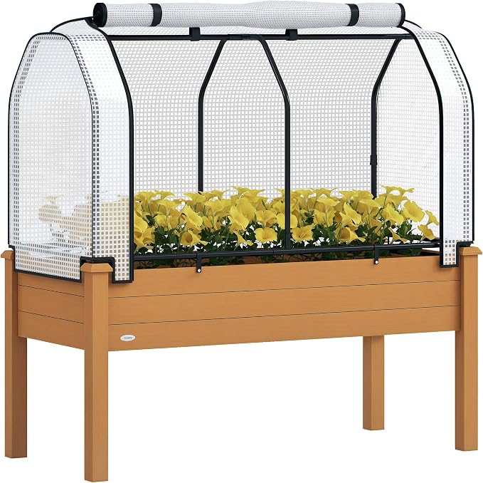 Outsunny Raised Garden Bed with PE Greenhouse Cover Outdoor Elevated Wood Planter Box for Herbs and Vegetables, Use for Patio, Backyard, Balcony, 48 x 22 x 46 inch, Sand