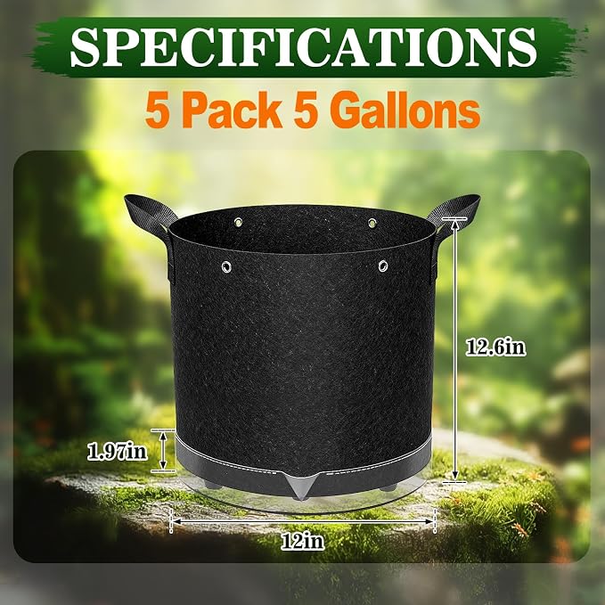 5 Pack 5 Gallon Self-Watering Grow Bags, Thick Nonwoven Fabric Pots with Support Rings and Reinforced Handles, Self-Watering Planters with Bottom Reservoir for Tomatoes Peppers Potatoes and Vegetables