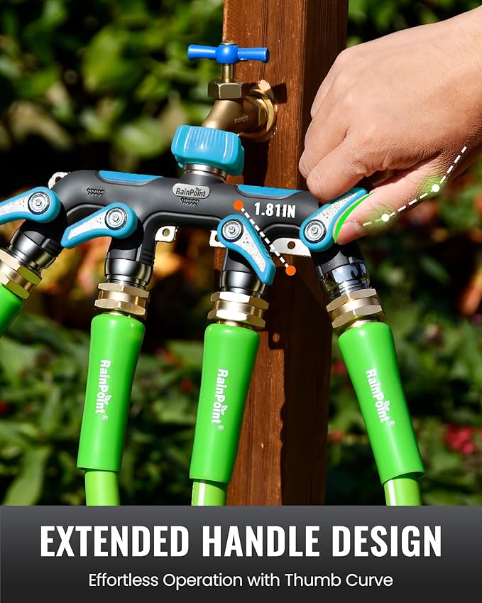 RAINPOINT 4 Way Garden Hose Splitter, 100% Metal Heavy Duty Water Hose Splitter with Individual Shut-Off Valves, 3/4" GHT High Flow Outdoor Faucet Splitter, 1.81" Extra Long Handle (Blue)