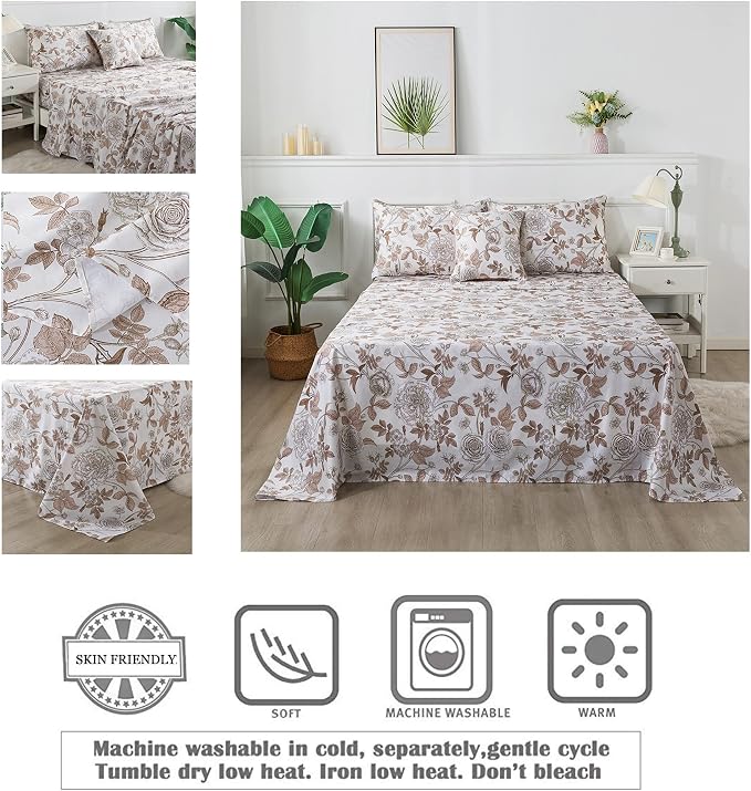 FADFAY Sheets Set Vintage White and Brown Floral Bedding Elegant Peony Sheets Shabby Rose Farmhouse Bedding 100% Egyptian Cotton 800 Thread Count Deep Pocket Fitted Sheet 4Pcs, California King Size