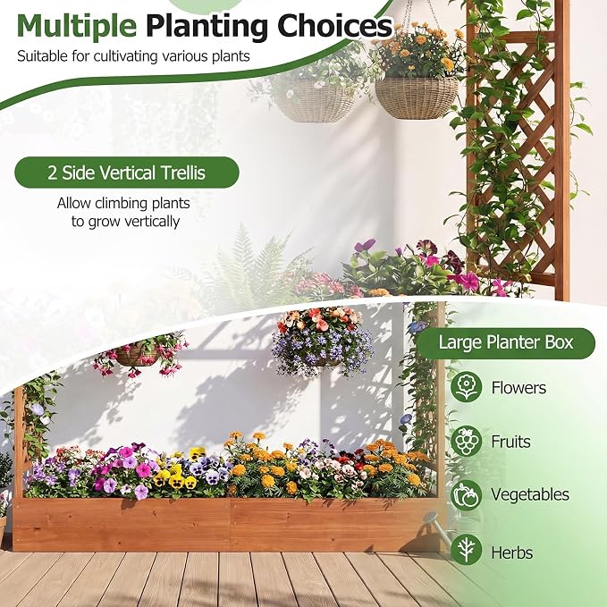 HAPPYGRILL Raised Garden Bed with Trellis, Freestanding 45" Wood Planter Box w/Hanging Roof & 8 Drainage Holes for Vine Climbing Plants Flowers, Outdoor Wood Elevated Garden Bed for Patio Yard, Orange