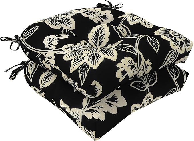 LVTXIII Outdoor/Indoor Tufted Seat Cushion, Decorative Wicker Chair Pads All Weather Seat Cushion Sets for Patio Garden Home Office Furniture, 19"x19"x4", Round Back, Pack of 2, Elegant Vines Black