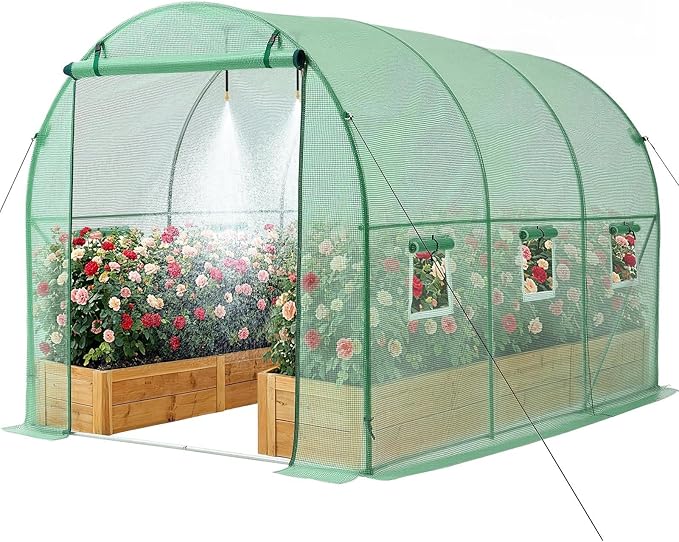 VEVOR Walk-in Tunnel Greenhouse, 10 x 7 x 7 ft Hoop House Greenhouse Tunnel with Watering System, Plant Hot House with Steel Frame, PE Cover, Roll-Up Zipper Door and 6 Windows for Outdoors, Green
