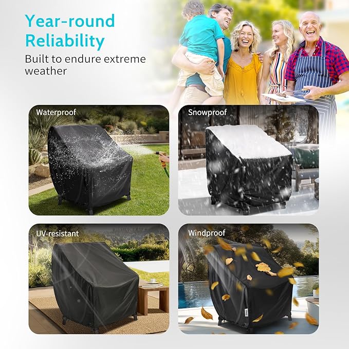 Waterproof Outdoor Chair Cover 32"W x 32"D x 34"H, 2 Pack, Windproof Patio Furniture Cover with Drawstring & Buckle Straps, UV Resistant, Black
