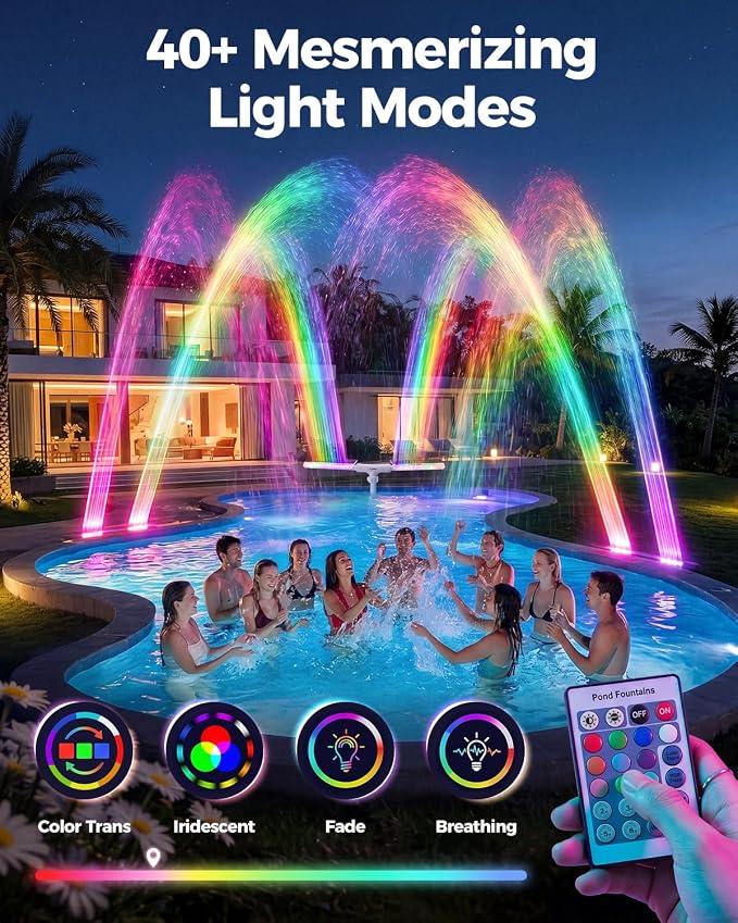 Solar Pool Fountain with Lights for Inground & Above Ground Pools — Dual-Powered Rechargeable, 10-Color Dynamic LED Waterfall, 15°F Cooling Aerator (White)