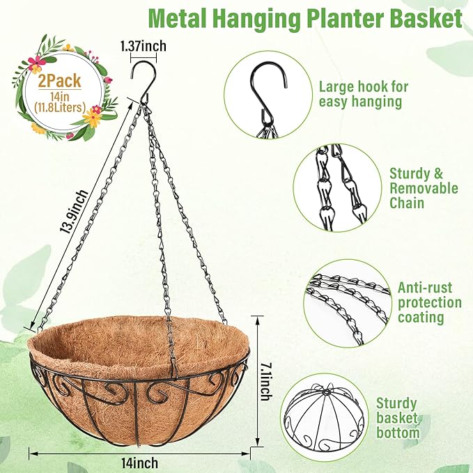 Legigo 2 Pack 14 Inch Metal Hanging Baskets for Plants Outdoor- Wire Round Hanging Planters Basket with Coconut Coir Liner, Hanging Flower Pot for Outdoor Plants Flowers Garden Decorations