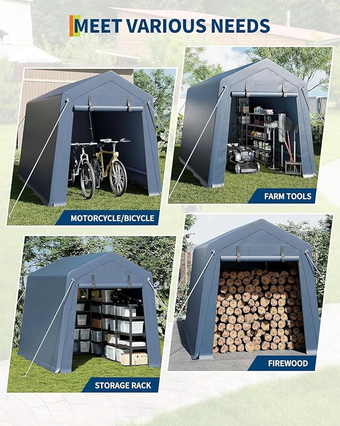 IDEALHOUSE 6x6 FT Outdoor Storage Shelter Shed Carport with Roll-Up Ventilated Zipper Door and Windows, Waterproof Portable Garage, Heavy Duty Tent Shed for Motorcycle Bike Firewood Tools