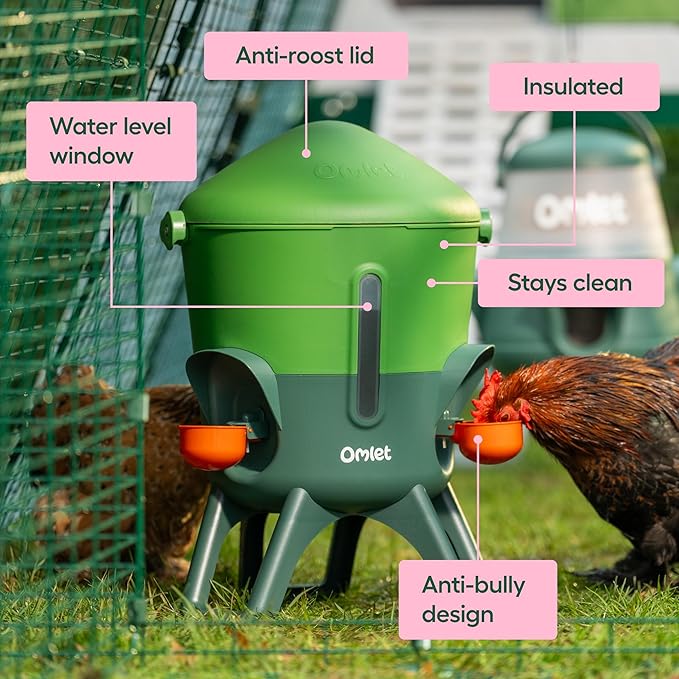 Omlet Insulated Chicken Waterer, 1.5 Gallon | Stay-Clean Automatic Water Dispenser for Chickens | BPA-Free | Anti-Roost Domed Lid | Includes 3 Cups & Nipples | Eglu Green