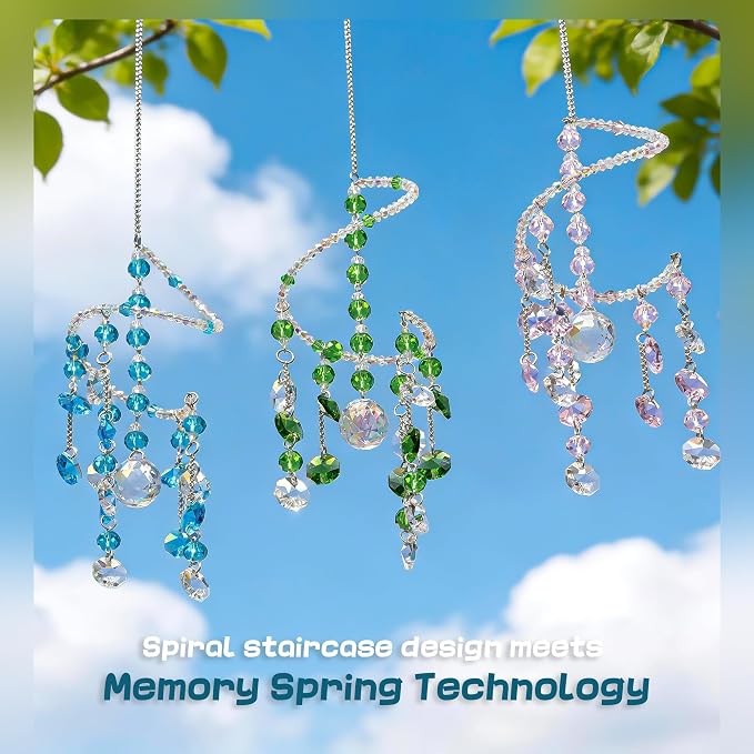 H&D HYALINE & DORA 3 Pcs Crystal Suncatchers, Spiral Sun Catchers Indoor Window, Boho Healing Wind Chimes Hanging Crystals for Home Garden Wedding Decoration(Pink,Green,Blue)